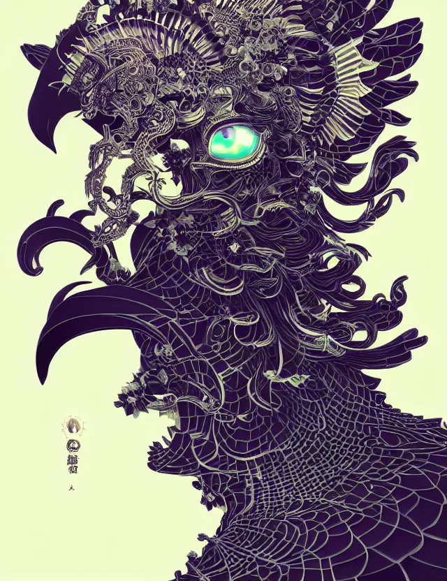 Image similar to 3 d goddess close - up profile solarpunk portrait ram skull. beautiful intricately detailed japanese crow kitsune mask and clasical japanese kimono. betta fish, jellyfish phoenix, bio luminescent, plasma, ice, water, wind, creature, artwork by tooth wu and wlop and beeple and greg rutkowski