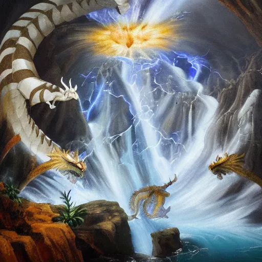 Image similar to oil painting of a dragon flying in the air near a cave with a waterfall in the center, light emanating from the waterfall leading to a big pool of water, dragon has black and white siberian tiger stripes, elegant, sharp focus, wide shot, clear, detailed, early renaissance