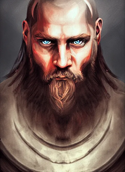 Image similar to viking looking tired, portrait, dramatic light, fierce, digital painting