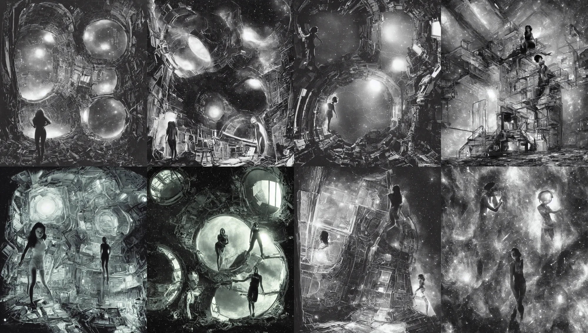 Prompt: portrait of Mila Kunis exploring an eerie derelict space station, nebula through window, 1980s, Ludek Pesek, Rick Guidice, Chesley Bonestell, Lucien Rudaux, Rolf Klep, Fred Freeman, George Pal