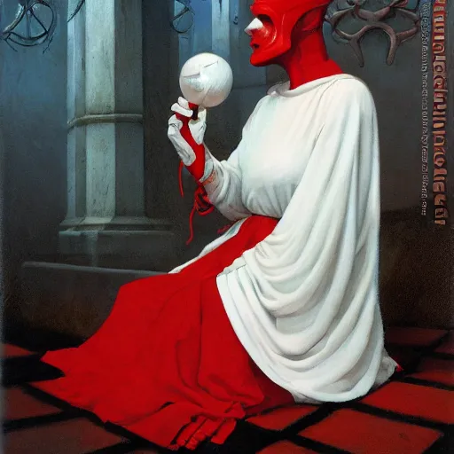 Prompt: portrait of a priestess, wearing ( all - white clothes ), and a ( red helmet ), by gerald brom, and donato berthold.