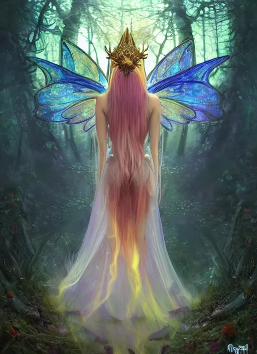 Image similar to stunningly beautiful female faerie priestess in amanita muscaria forest landscape, symmetrical wings on back, neon hair, fantasy art, wearing a dress of gossamer gold, dark light night, sharp focus, digital painting, 4 k, concept art, art by wlop, greg rutkowski and alphonse mucha, brom, face by otto schmidt