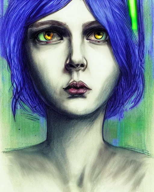 Image similar to blue hair cyborg girl with pale skin in a gloomy hotel room with green neon lights. portrait drawing by enki bilal. art nouveau, neo - gothic, gothic, rich deep moody colors