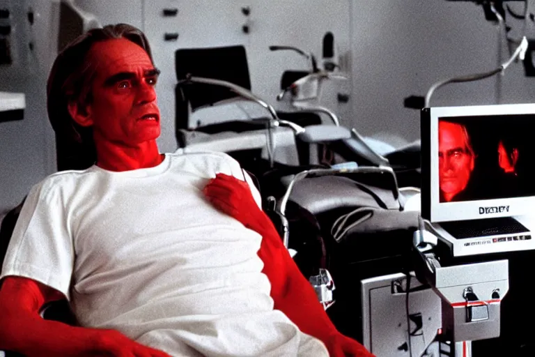 Prompt: a scene from the movie dead ringers with jeremy irons, dark cinematic lighting, heavy black and red palette and color contrast, medical equipment, movie directed by wes craven