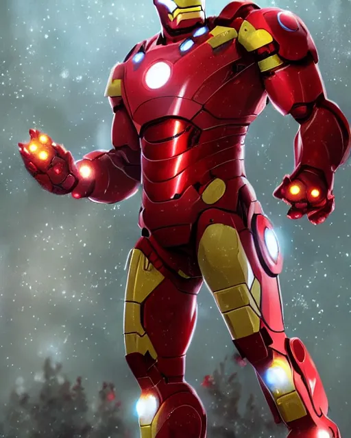 Image similar to ironman in a christmas themed suit, dynamic lighting, fantasy concept art, trending on art station, stunning visuals, creative, cinematic, ultra detailed