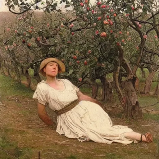 Image similar to by walter langley calm. a beautiful body art depicting a farm scene. the body art shows a view of an orchard with trees in bloom.