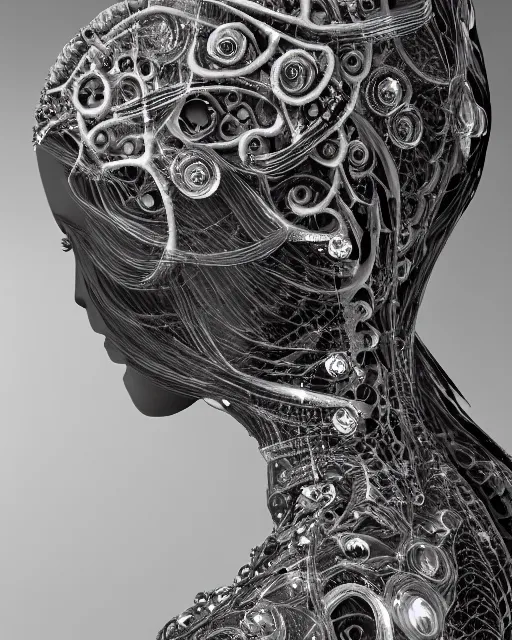 Image similar to mythical dreamy black and white organic bio - mechanical spinal ribbed profile face portrait detail of translucent steampunk beautiful female angelic - human - queen - vegetal - cyborg, highly detailed, intricate crystal ivy jelly ornate, poetic, translucent roses ornate, 3 d render, digital art, octane render, 8 k artistic photography, photo - realistic, by dora maar