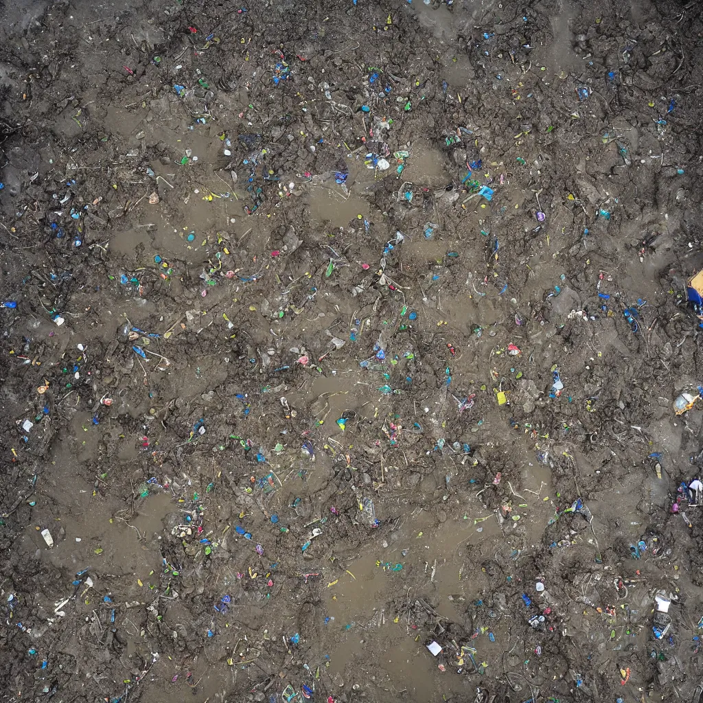 Prompt: an aerial view of a mass grave in slimy mud with tangled bodies, datacenter computers and pipes in an iridescent oil slick