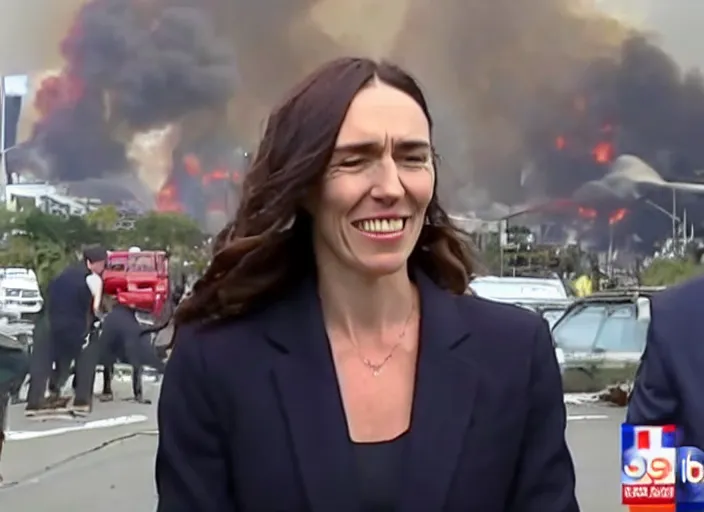 Prompt: Jacinda Ardern smiling to camera in a news report, as buildings are burning and people are looting in the background.