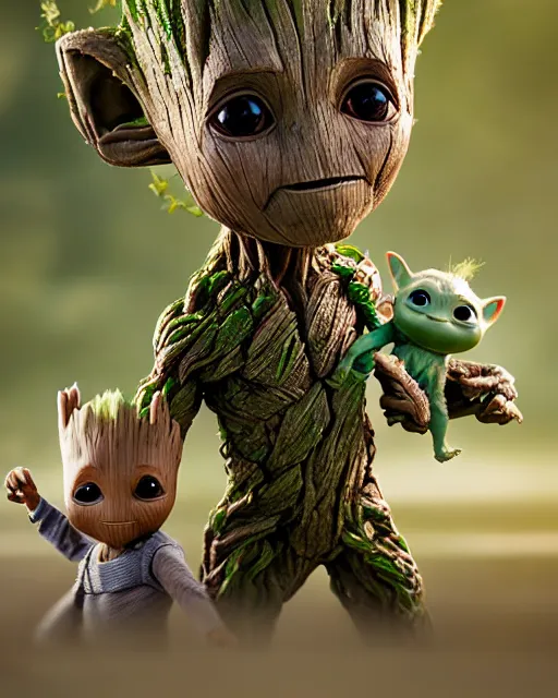 Image similar to a portrait of baby groot and baby yoda walking whilst holding hands, highly detailed, trending on artstation, bokeh, 9 0 mm, f / 1. 4
