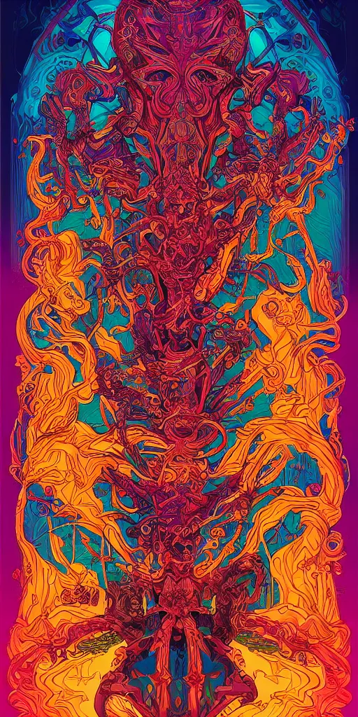 Image similar to psychedelic mushroom ritual central figure intricate highly detailed symmetrical, cinematic movie screen printing poster colorful and vivid pattern, by Artgerm, Darius Zawadzki, James Jean and Moebius, Artstation trending