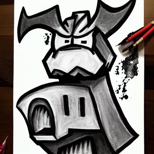 Image similar to minecraft pig horror evil, black and white charcoal sketch