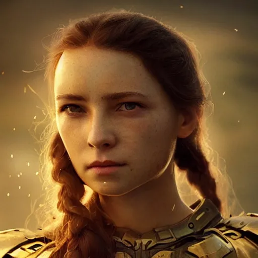 Image similar to attractive aesthetically pleasing young woman portrait, partially clothed in metal-plated battle armor, atmospheric lighting, painted, intricate, volumetric lighting, beautiful, golden hour, sharp focus, ultra detailed, by Leesha Hannigan, Ross Tran, Thierry Doizon, Kai Carpenter,Ignacio Fernández Ríos