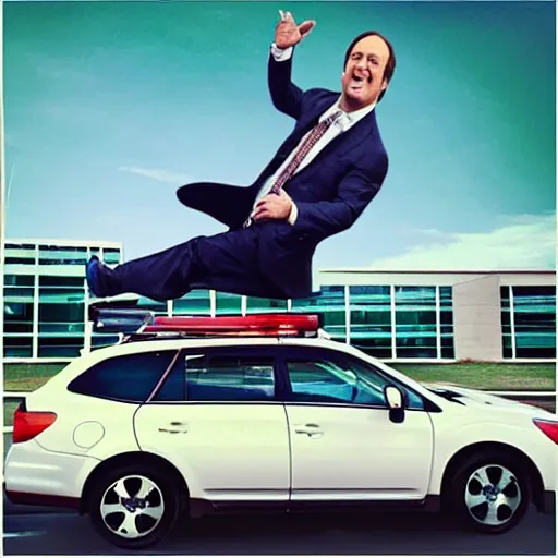 Image similar to “ saul goodman defecating through a sunroof of a subaru suv ”