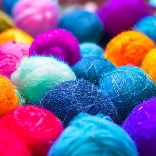 Prompt: hairy colorful balls of yarn in the shape of a halite, 35mm, f1.4, bokeh