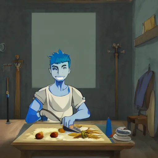 Image similar to concept art painting of an young man with blue skin, in a medieval living room, cooking rice, cel shaded, in the style of makoto shinkai and and studio ghibli