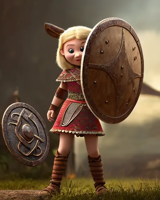 Image similar to an adorable toy of a viking girl with her shield raised to defend, pixar style, authentic viking armor, historically accurate, clean detail, symmetrical, octane render, studio lighting