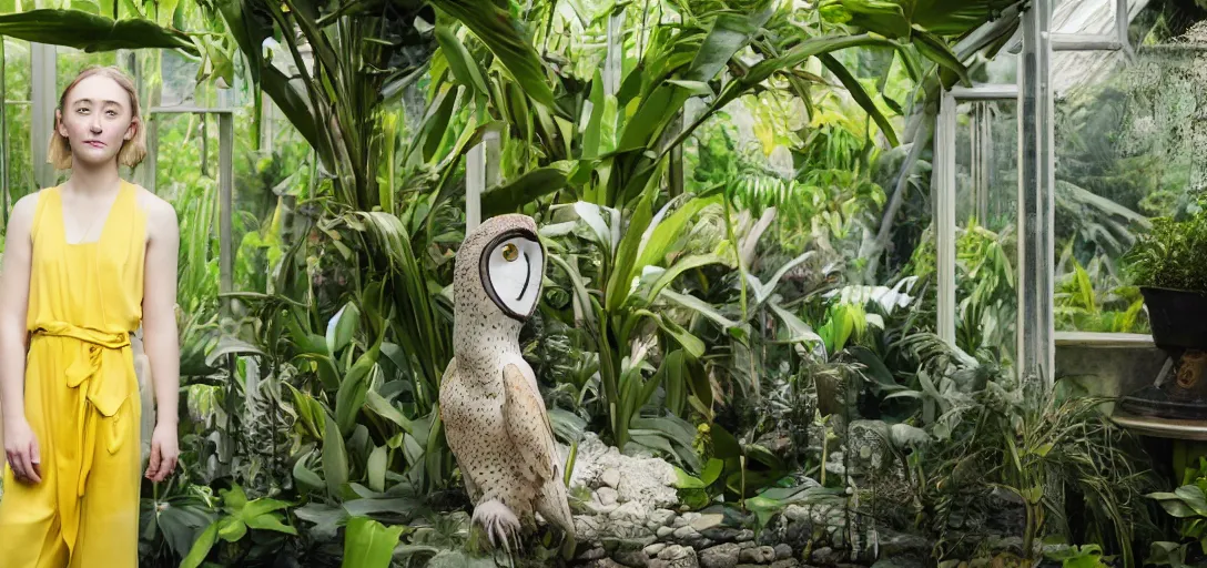 Prompt: A medium format portrait shot on graflex of Saoirse Ronan wearing a yellow kimono in a tropical greenhouse, she has a very detailed barn owl on her shoulder, bokeh