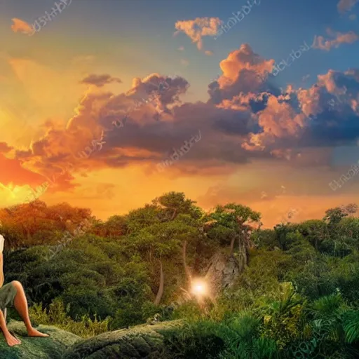 Prompt: Disney's Tarzan watching sunset with beautiful clouds