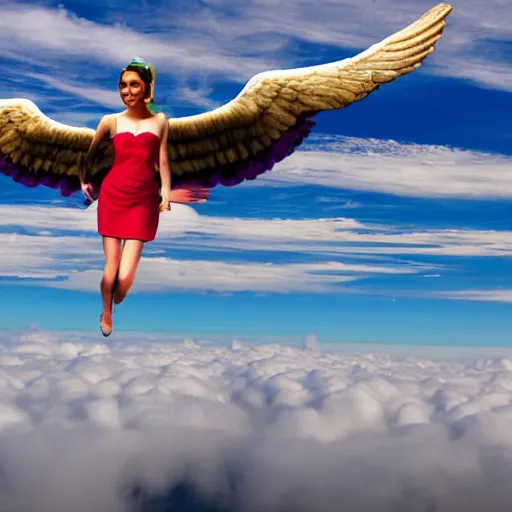 Image similar to A goddess and an angel flying above the clouds