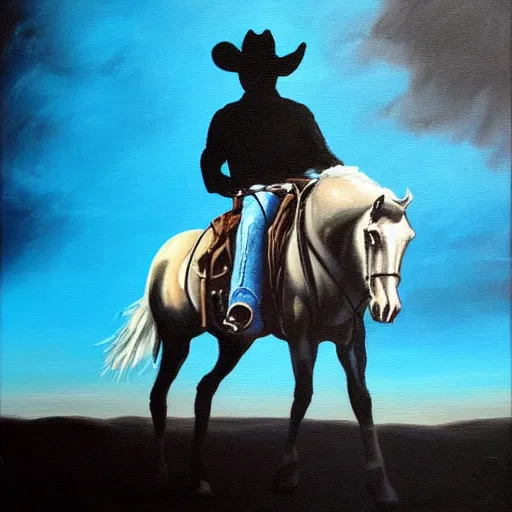 Image similar to a painting of a cowboy riding a horse into the dark horizon, high contrast, black and blue color scheme, dark, creepy, night