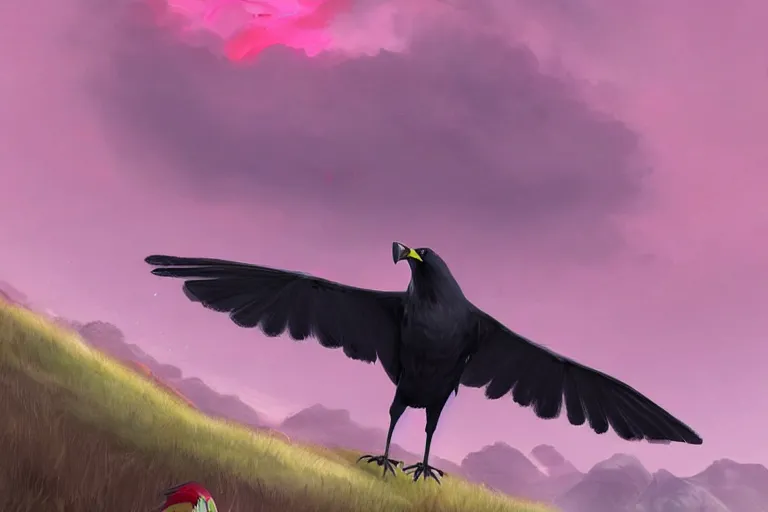 Prompt: red - eyed scary gigantic crow standing on top of a hill, looking down, holding a pink little worm in its beak, cloudy sky in the background, digital painting, epic, pokemon style, earth type pokemon, smooth, trending on artstation, professional painting, full body composition, long shot, made by greg rutkowski