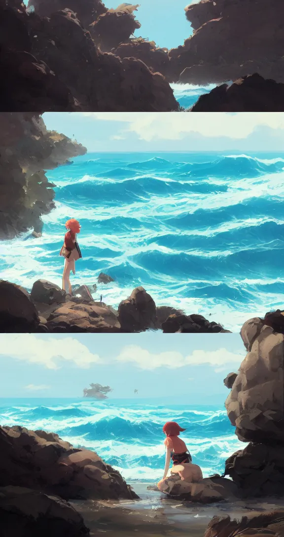 Image similar to Sitting on the rocks Looking out at the waves, lots of ocean, uncluttered, tropical, bright, simple, by Studio Ghibli and Greg Rutkowski, artstation