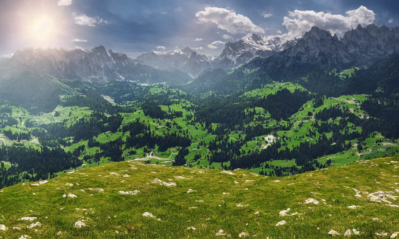 Image similar to realistic view from a mountaintop, high mountains, green meadow, alps, pyranees, digital painting, realistic lighting