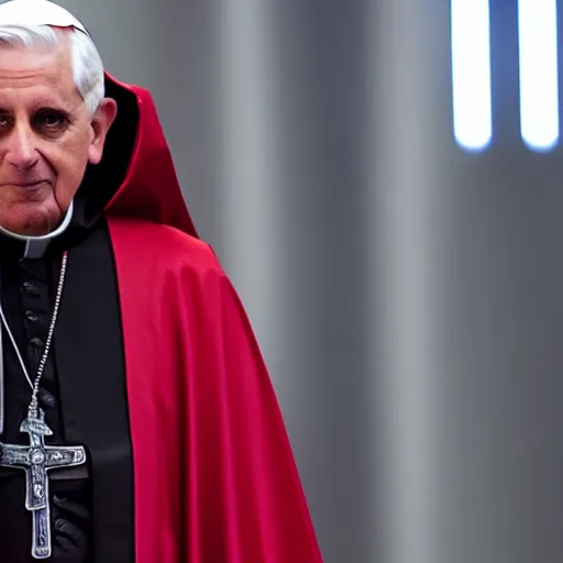 Image similar to pope benedict wearing sith cloak as chancelor palpatine in star wars episode 3, 8 k resolution, cinematic lighting, anatomically correct