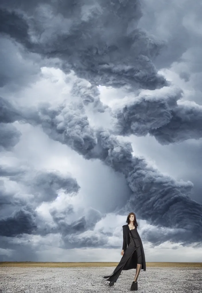 Image similar to fashion editorial in front of a tornado cloud.