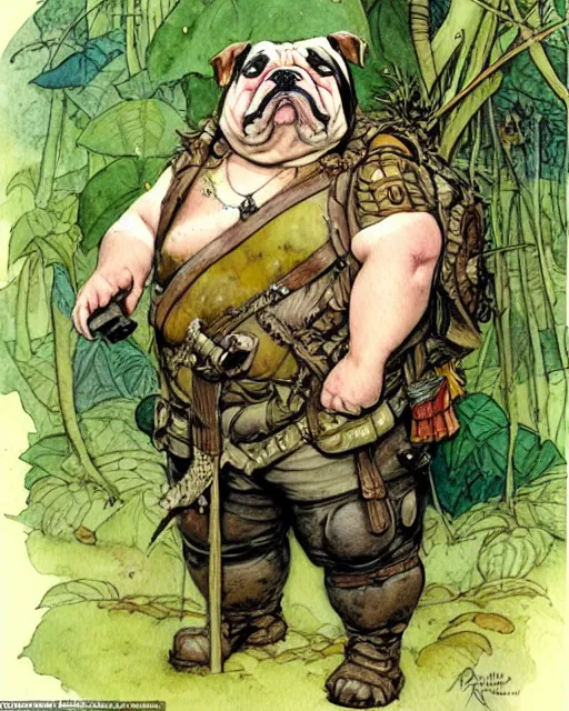 Image similar to a realistic and atmospheric watercolour fantasy character concept art portrait of a fat adorable chibi bulldog soldier with body armor in the jungle, by rebecca guay, michael kaluta, charles vess and jean moebius giraud