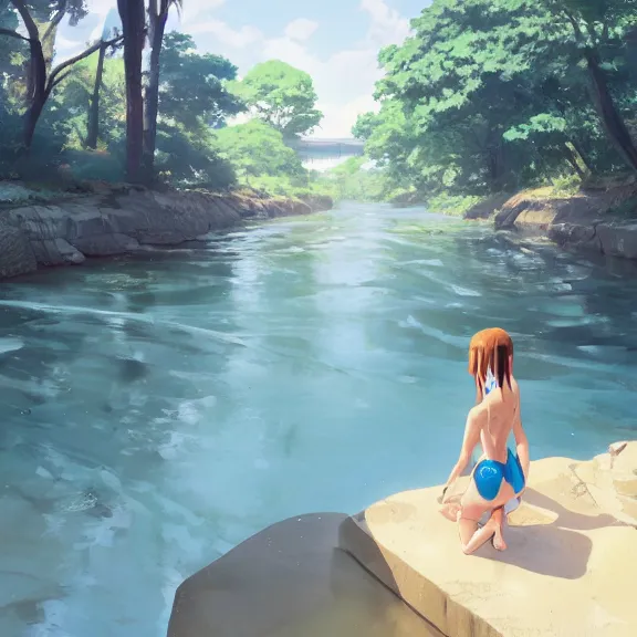 Image similar to one single girl wearing a blue full body bathing suit wading, wading weight high water, standing in a narrow river, trees bent over the river, shady, ripples, looking at the camera, front facing, inviting look, atmospheric lighting. By Makoto Shinkai, Stanley Artgerm Lau, WLOP, Rossdraws, James Jean, Andrei Riabovitchev, Marc Simonetti, krenz cushart, Sakimichan, trending on ArtStation, digital art.