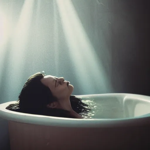 Prompt: film still portrait of beautiful woman sleeping in black water, magic hour, old victorian bathtub, god rays,