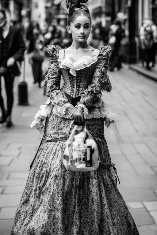 Prompt: Ariana Grande Victorian Era clothing, walking through the streets of London, XF IQ4, f/1.4, ISO 200, 1/160s, 8K, symmetrical face, beautiful eyes, black and white