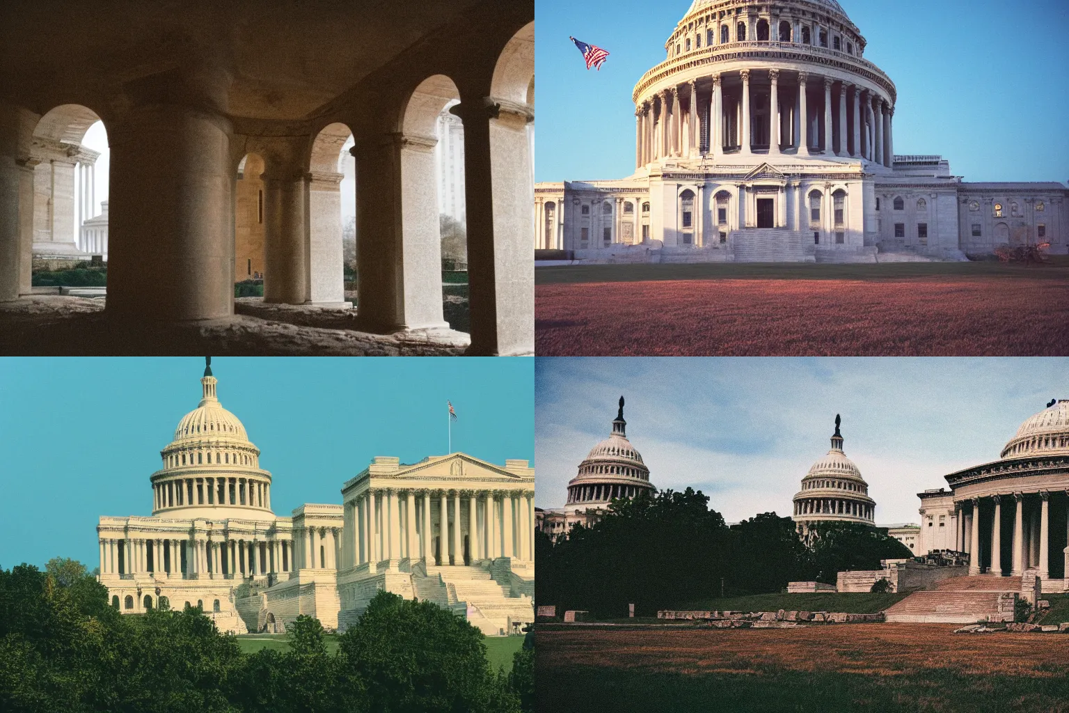 Prompt: film still of Washington DC Capital building in the style of a delrict ancient roman ruin, cinestill 800t 35mm full-HD