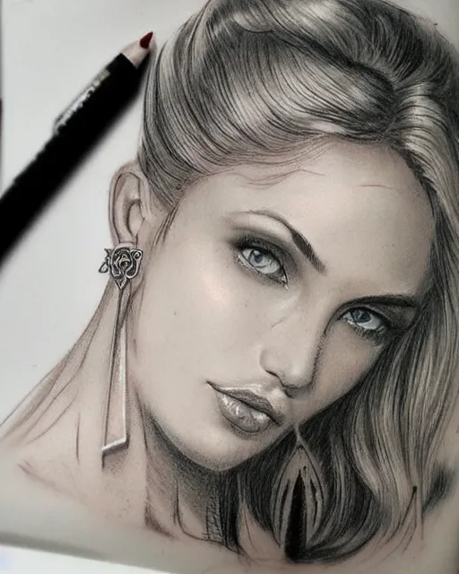 Image similar to tattoo sketch of beautiful greek goddess aphrodite with arrow earrings, beautiful piercing eyes, flowing blonde hair, realistic face, hyper realistic, in the style of greg rutkowski, fantasy, amazing detail, epic, intricate, elegant, smooth, sharp focus