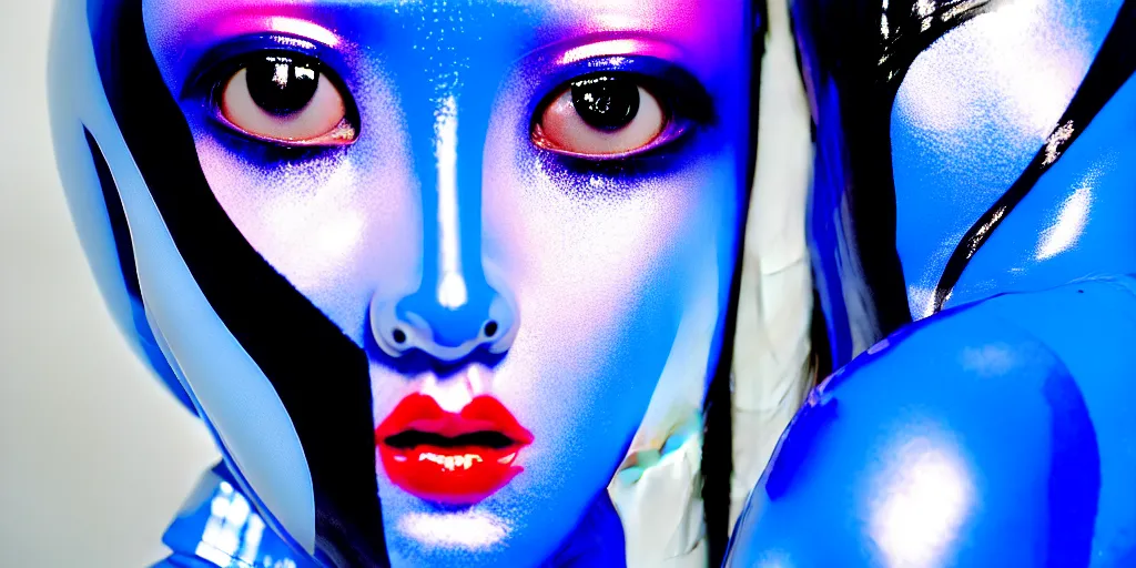Prompt: a close - up risograph of cyberpunk japanese model girl with black eyes and pretty face wearing latex catsuit and lots of transparent and cellophane accessories, blue hour, twilight, cool, portrait, kodachrome, iso 1 2 0 0, painting by mayumi hosokura