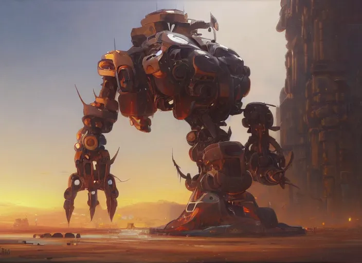 Image similar to an intricate oil painting of a giant anime robot with rounded and circular parts by steve henderson and greg rutkowski