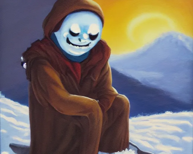 Image similar to oil painting of sans sitting in a mountain during winter