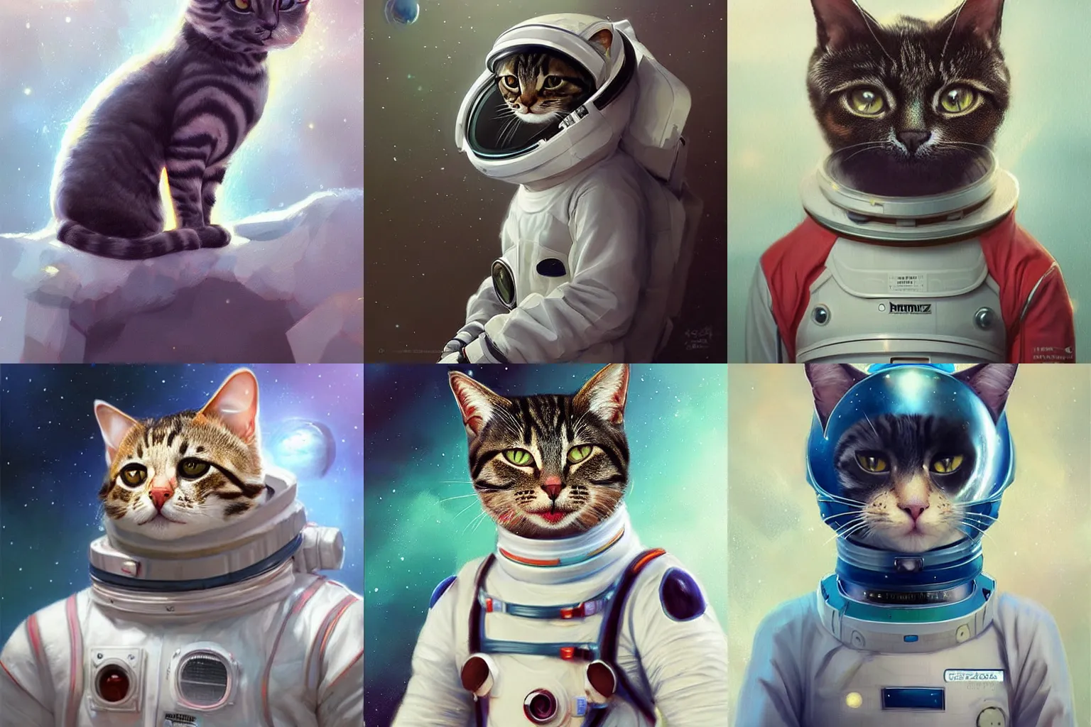 Image similar to head and shoulders masterpiece portrait of a cat wearing a spacesuit, surreal background, digital art by Krenz Cushart, trending on artstation, cgsociety,