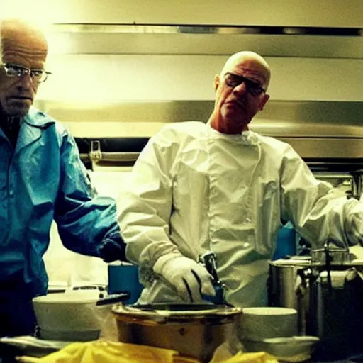 Image similar to “Very photorealistic screenshot of Joe Biden and Walter White cooking drugs in an episode of Breaking Bad, atmospheric lighting, award-winning”