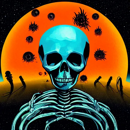 Prompt: alien skull and skeletons in darkness cosmic horror scifi cover style menacing scary uncanny eerie style heavy brushstrokes dramatix album cover red