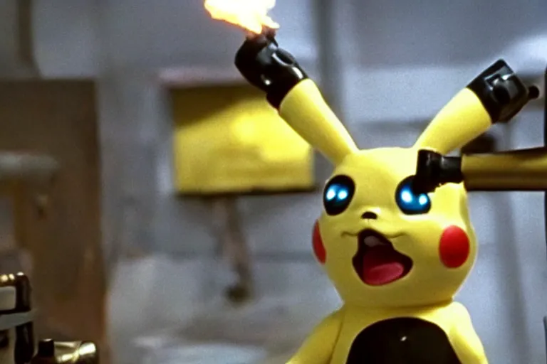 Image similar to Terminator Pikachu scene where his endoskeleton gets exposed still from the film