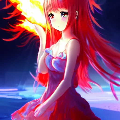 Image similar to advanced digital anime art, a very cute gorgeous teenage girl made of fire and ice with red fiery watery eyes glancing over her left shoulder wearing a dress made of water is standing in an apocalyptic burning city, full body, full round face, dramatic cinematic lighting, highly intricately detailed, trending on pixiv, Artstation, painted by Rossdraws and the style of Sakimimichan
