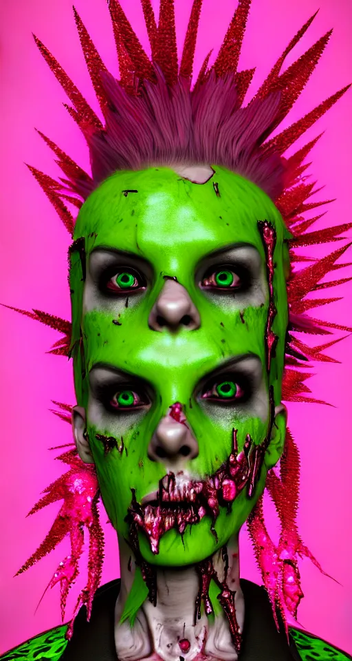 Prompt: portrait of a punk rock zombie with green skin and pink crystal mohawk, red leather jacket, immersed in florals and foliage, digital art, octane render, fantasy, photorealistic, cinematic lighting