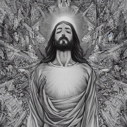 Image similar to the transfiguration of jesus christ, an ultrafine detailed painting by james jean, greyscale, behance contest winner, vanitas, angular, altermodern