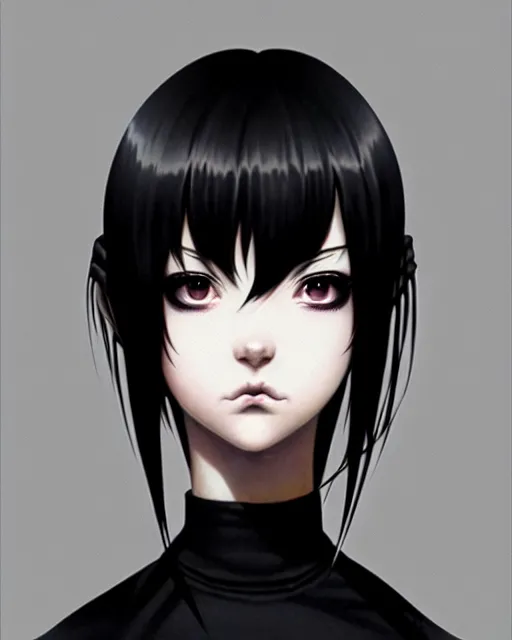 Image similar to portrait Anime goth girl, cute-fine-face, black-hair pretty face, realistic shaded Perfect face, fine details. Anime. realistic shaded lighting by Ilya Kuvshinov katsuhiro otomo ghost-in-the-shell, magali villeneuve, artgerm, rutkowski, WLOP Jeremy Lipkin and Giuseppe Dangelico Pino and Michael Garmash and Rob Rey