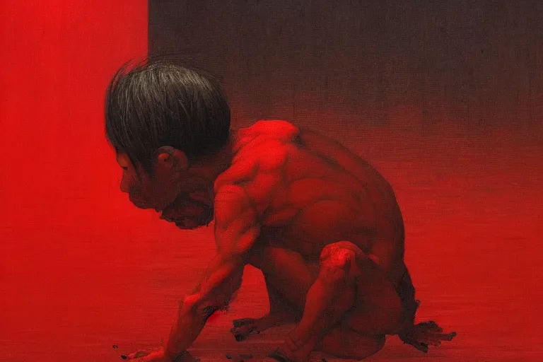 Image similar to only with red, a red samurai do seppuku, tokio, a lot of frogs watch, in the style of beksinski, parts by edward hopper, parts by rodcenko, parts by yue minjun, intricate and epic composition, red by caravaggio, insanely quality, highly detailed, masterpiece, red light, artstation, 4 k