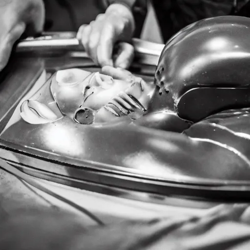 Image similar to photo of an alien autopsy, black and white, wide angle