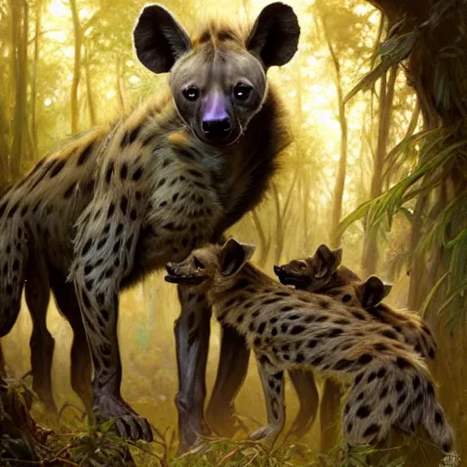 Prompt: photo of a humanoid hyena feeds hyena puppies in the forest, highly detailed, digital painting, artstation, smooth, sharp focus, illustration, art by artgerm and greg rutkowski and alphonse mucha